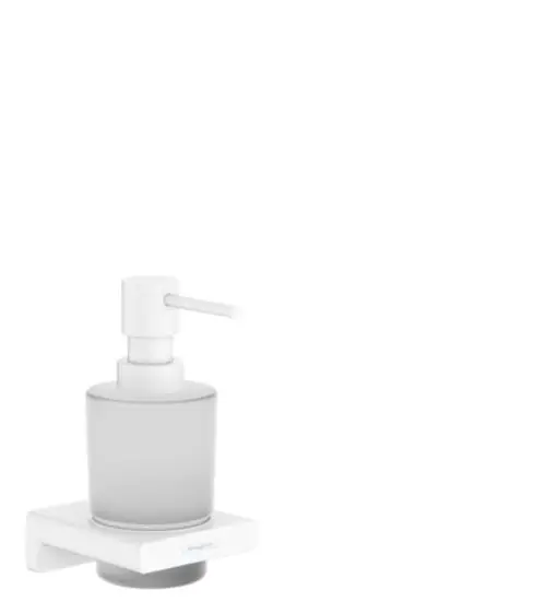 Lotionspender von Hansgrohe in Mattweiß, bestehend aus einem transparenten Behälter mit einem weißen Pumpkopf. Montiert auf einer flachen Halterung.